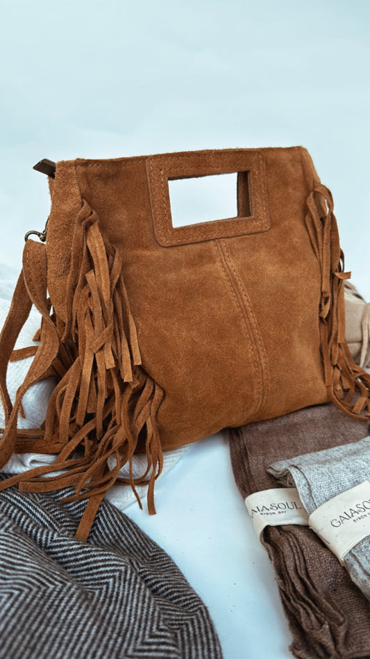 Maya Handbag – Brown Suede Fringe Crossbody Bag