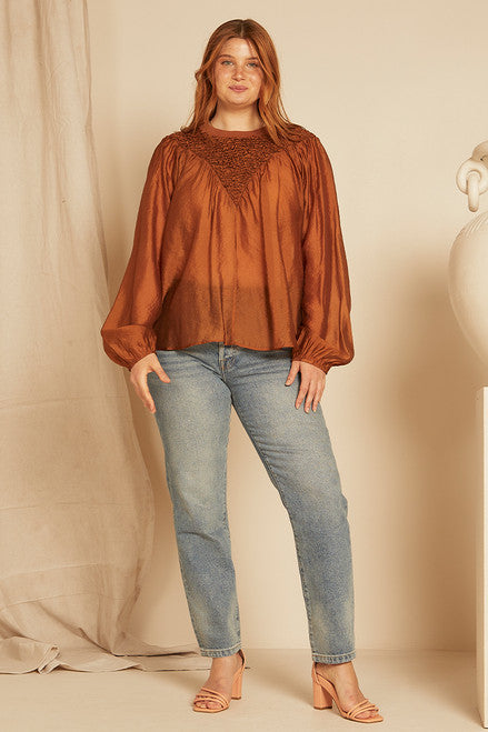 Shirring Crew Neck Blouse - Bronze