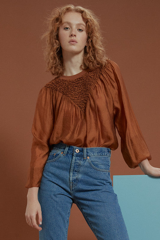 Shirring Crew Neck Blouse - Bronze