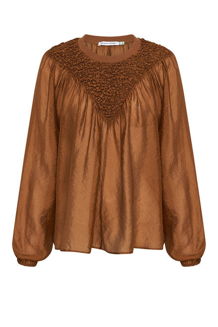 Shirring Crew Neck Blouse - Bronze
