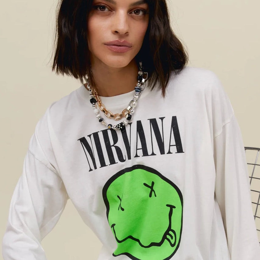 Nirvana Smiley Long Sleeve Merch Tee - Vintage White