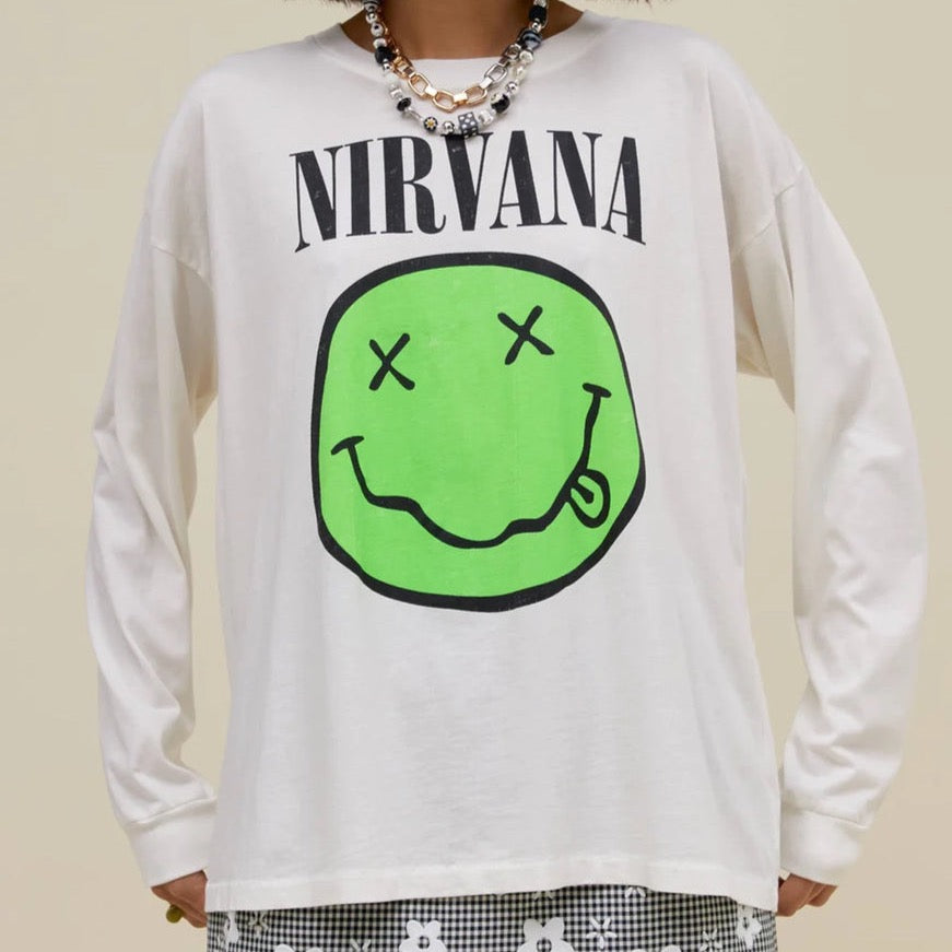 Nirvana Smiley Long Sleeve Merch Tee - Vintage White