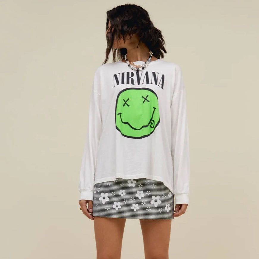 Nirvana Smiley Long Sleeve Merch Tee - Vintage White
