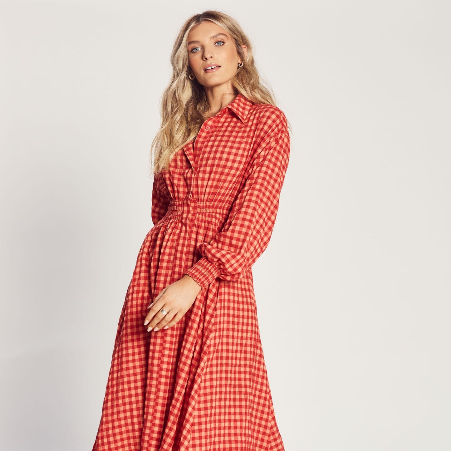The Gingham Maxi Shirt Dress - Garnet