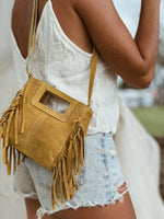 Mini Indie Handbag – Suede Fringe Crossbody Bag/Mustard Leather