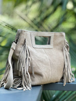 Nuka Handbag – Suede Fringe Crossbody Bag / Beige Leather