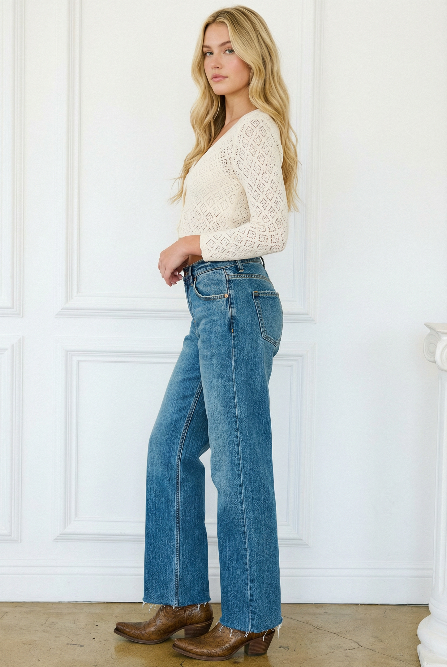 Crossover Cuff Straight Leg Jeans - Mid Wash