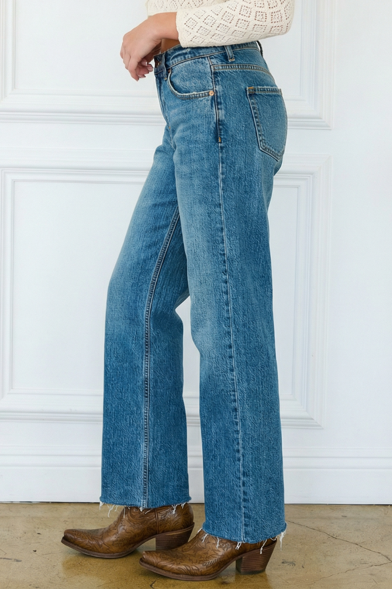 Crossover Cuff Straight Leg Jeans - Mid Wash
