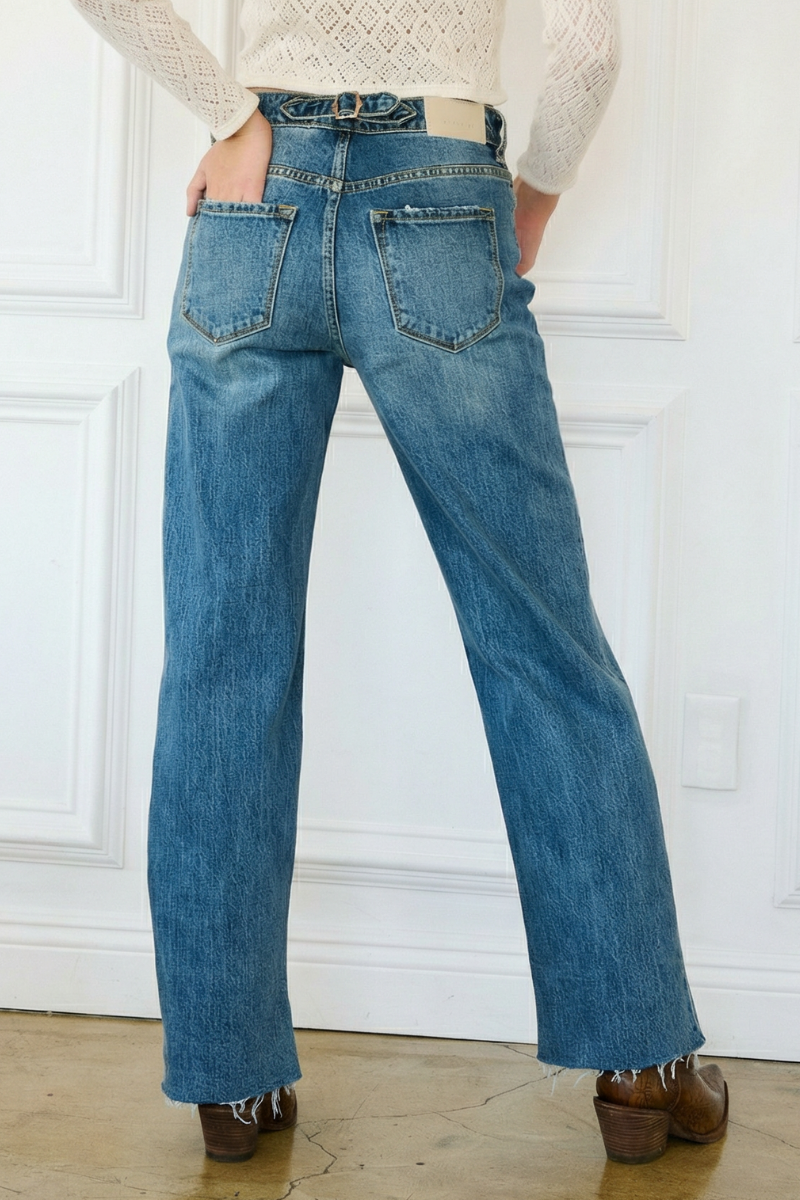 Crossover Cuff Straight Leg Jeans - Mid Wash