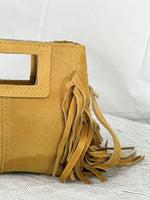 Mini Indie Handbag – Suede Fringe Crossbody Bag/Mustard Leather