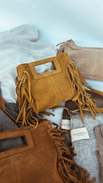 Mini Indie Handbag – Suede Fringe Crossbody Bag/Mustard Leather