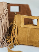 Mini Indie Handbag – Suede Fringe Crossbody Bag/Mustard Leather