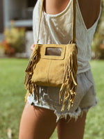 Mini Indie Handbag – Suede Fringe Crossbody Bag/Mustard Leather