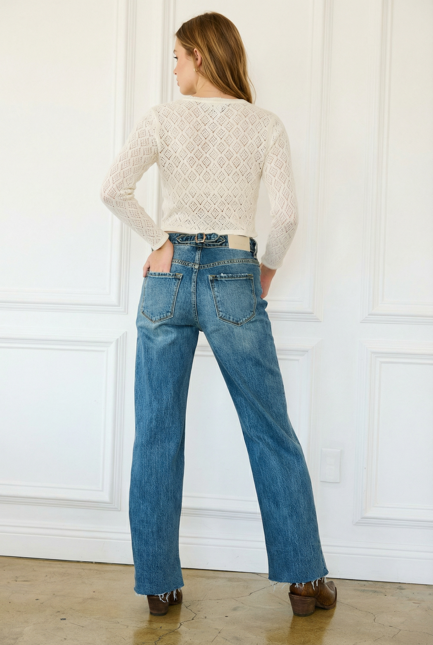 Crossover Cuff Straight Leg Jeans - Mid Wash