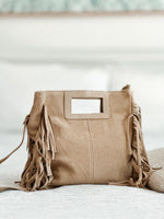 Nuka Handbag – Suede Fringe Crossbody Bag / Beige Leather