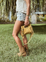 Mini Indie Handbag – Suede Fringe Crossbody Bag/Mustard Leather
