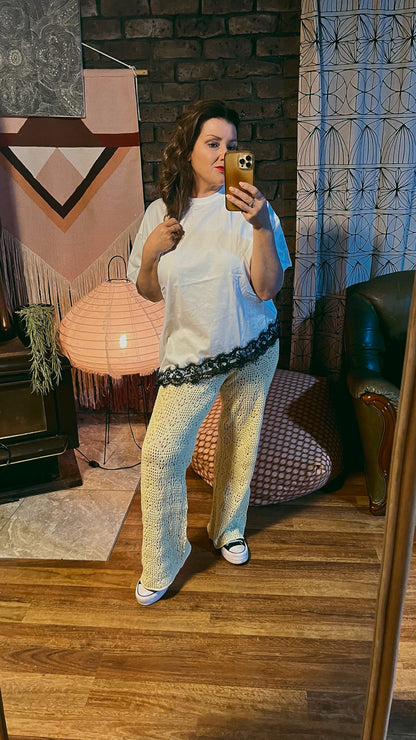 Lola Assymetrical  White Tee - Black Lace Trim