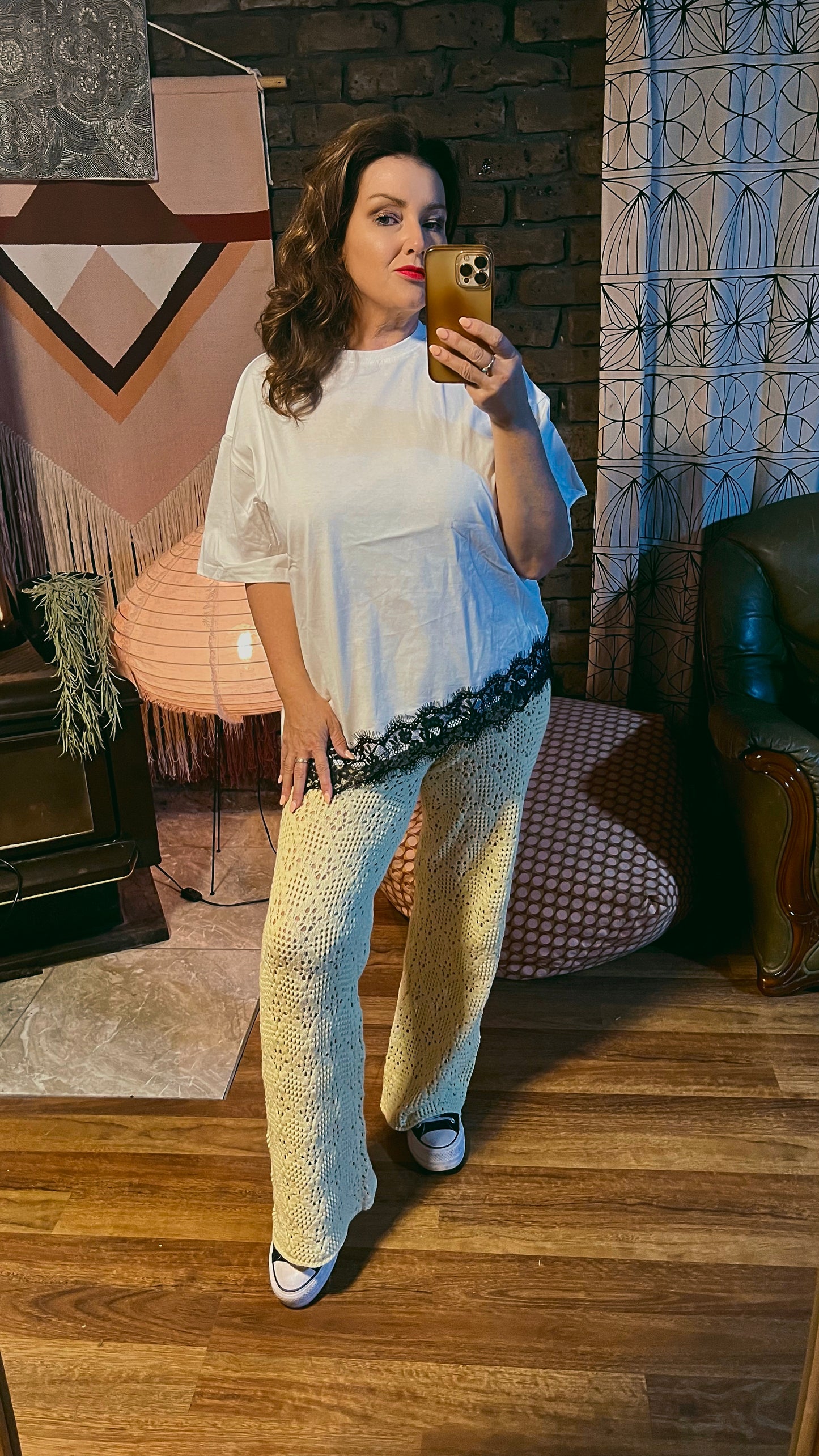 Lola Assymetrical  White Tee - Black Lace Trim