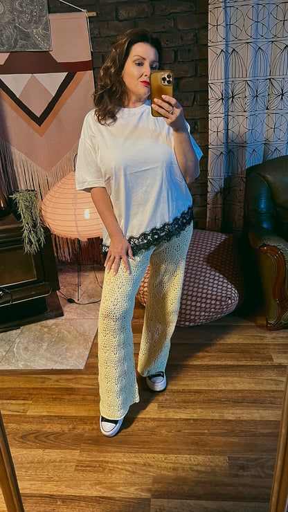 Lola Assymetrical  White Tee - Black Lace Trim