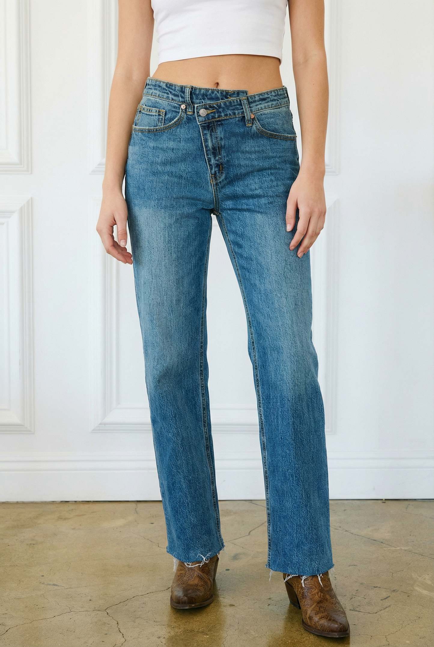 Crossover Cuff Straight Leg Jeans - Mid Wash
