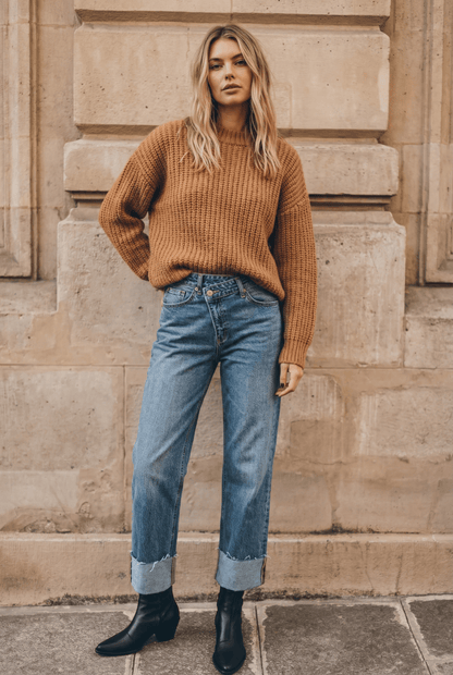 Crossover Cuff Straight Leg Jeans - Mid Wash