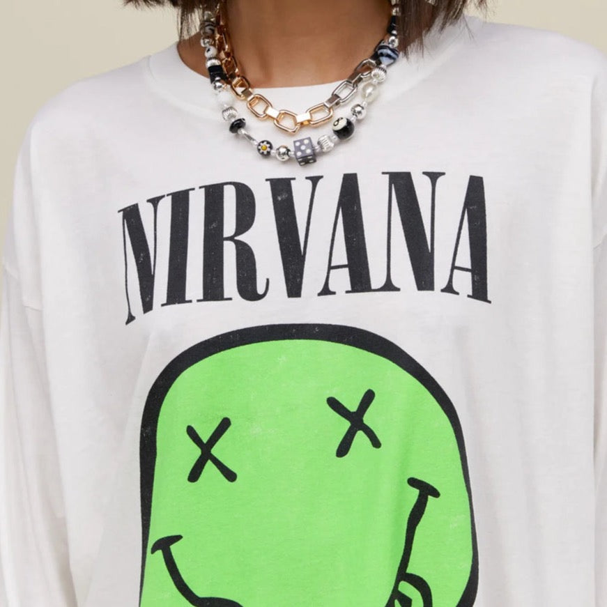 Nirvana Smiley Long Sleeve Merch Tee - Vintage White