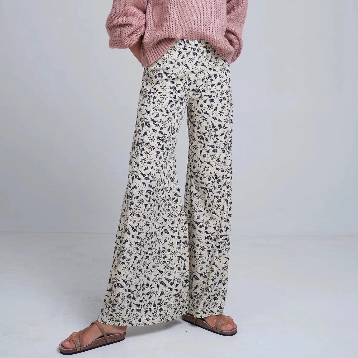 Olina Wide Leg Pant - Flores Print Navy Pink