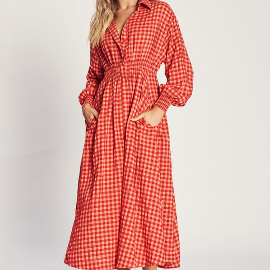 The Gingham Maxi Shirt Dress - Garnet